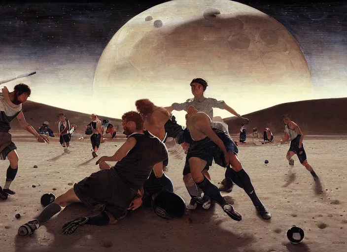 Prompt: a soccer match on the moon by edgar maxence and caravaggio and michael whelan and delacroix style, artistic, intricate painting, cinematic lighting, hyper realistic, extremely detailed, establishing shot, 8 k resolution, dramatic lighting