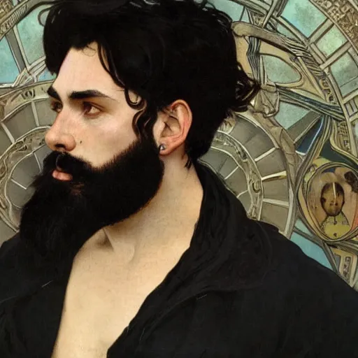 Prompt: portrait of a man with black hair and beard, looking directly into the camera, background is complete chaos, sharp focus, illustration, art by greg rutkowski and alphonse mucha''