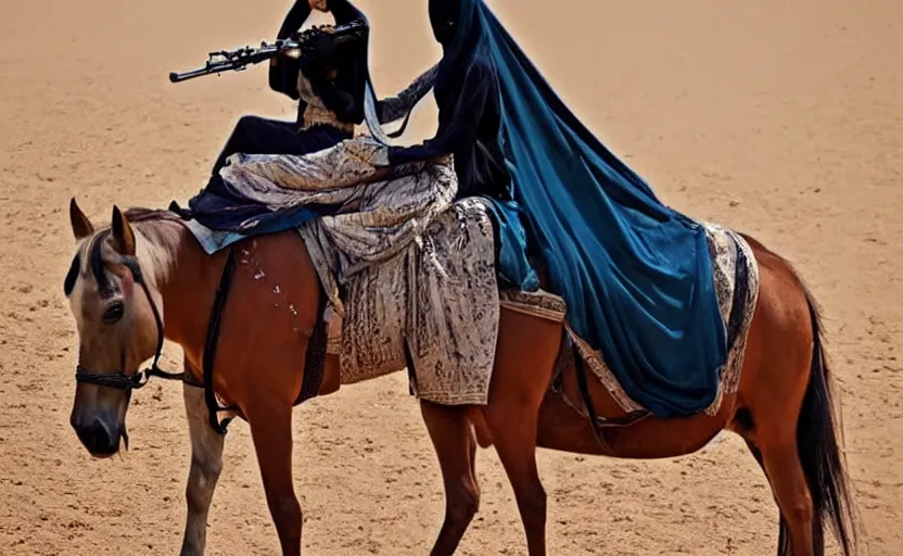 Image similar to beautiful burqa's woman, riding a horse!!! in saharan, sharp eyes, handling riffle on chest, shooting pose, perfect posture, dust, cinematic, dynamic pose, pinterest, center of interest