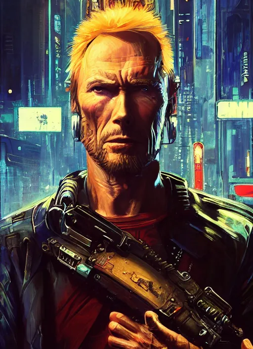 Prompt: clint eastwood. cyberpunk samurai in a cyberpunk jumpsuit ( blade runner 2 0 4 9, cyberpunk 2 0 7 7 ). orientalist portrait by john william waterhouse and james gurney and theodore ralli and nasreddine dinet, oil on canvas. cinematic, hyper realism, realistic proportions, dramatic lighting, high detail 4 k