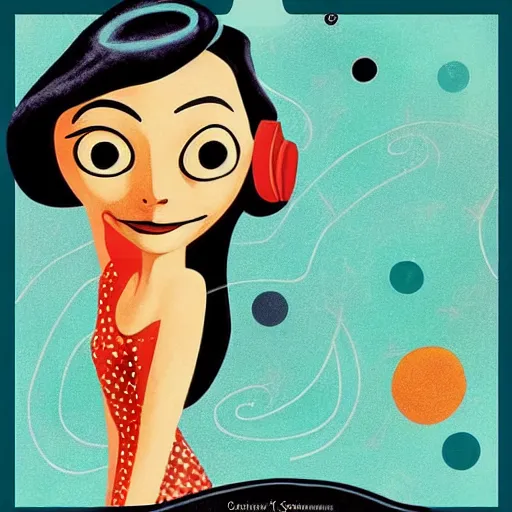 Image similar to “1950s art deco of the movie ‘Coraline’ under planets and stars in the background, retro poster, teal palette.”