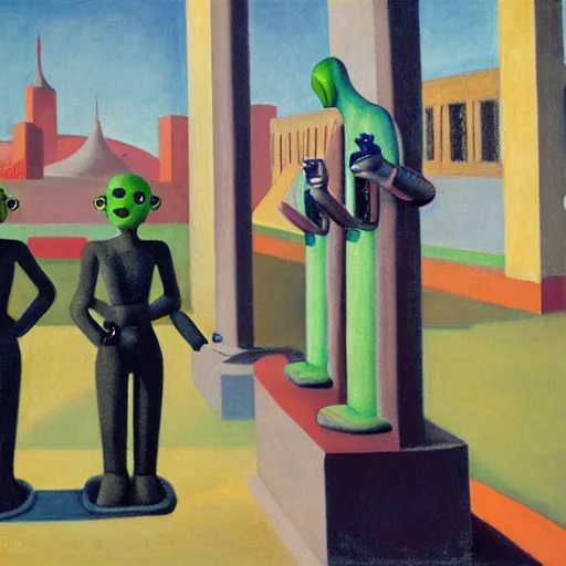 Image similar to drab workers wearing masks walking along cloisters, vault, rotunda, brutalist courtyard, watched by robots, dystopian, pj crook, edward hopper, oil on canvas