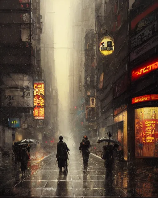 Image similar to a highly detailed epic cinematic concept art CG render digital painting artwork: Tokyo city street, raining. By Greg Rutkowski, in the style of Francis Bacon and Syd Mead and Norman Rockwell and Beksinski, open ceiling, highly detailed, painted by Francis Bacon and Edward Hopper, painted by James Gilleard, surrealism, airbrush, Ilya Kuvshinov, WLOP, Stanley Artgerm, very coherent, triadic color scheme, art by Takato Yamamoto and James Jean