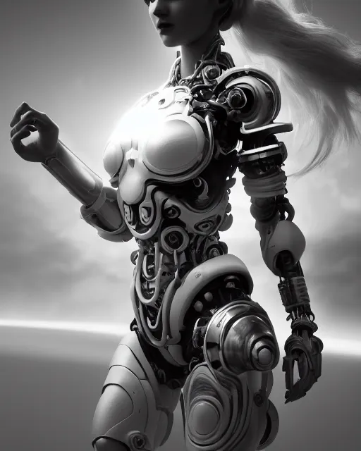 Image similar to dreamy, monochrome, subsurface scattering, white, cyborg goddess in cosmos, black and white, octane render, photo - realistic, cgsociety, justin gerard, highly detailed, rim light, art, cinematic lighting, very coherent, hyper realism, 8 k