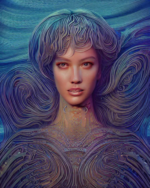 Image similar to portrait of Karol G as a mermaid. intricate abstract. intricate artwork. by Tooth Wu, wlop, beeple, dan mumford. mulholland drive by david lynch, dune by david lynch, octane render, trending on artstation, greg rutkowski very coherent symmetrical artwork. cinematic, hyper realism, high detail, octane render, 8k, iridescent accents