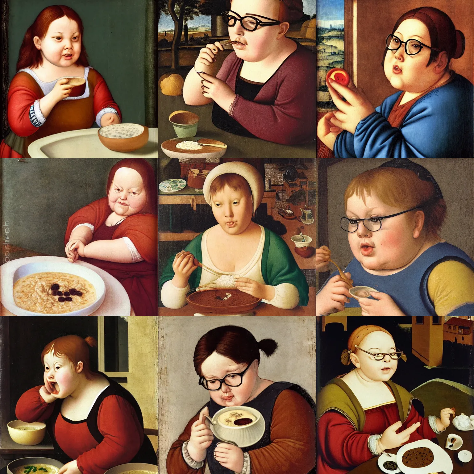 Prompt: a chubby girl with glasses drinking porridge painfully, renaissance