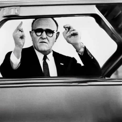 Image similar to wide shot film color photograph of rudy giuliani acting suspiciously while present during the Zapruder film November 22, 1963, Dallas, TX