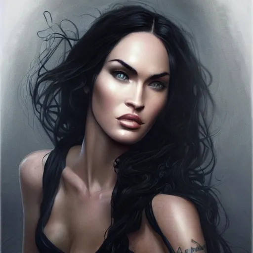 Image similar to portrait of megan fox in black business suit, fantasy, intricate, elegant, highly detailed, digital painting, artstation, concept art, matte, sharp focus, perfect face symmetry, illustration, art by aenaluck and roberto ferri and greg rutkowski, epic fantasy, digital painting