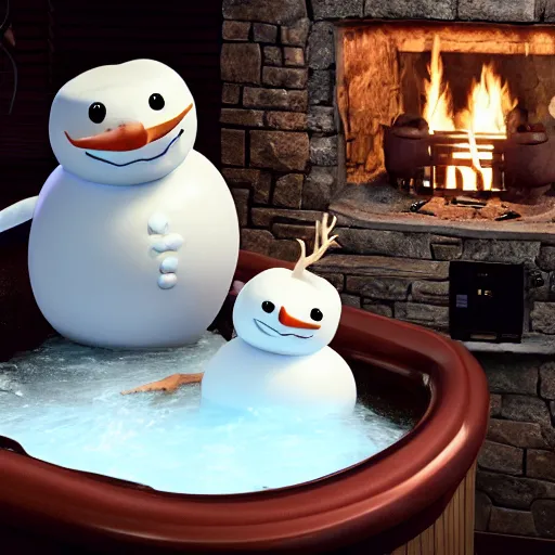 Image similar to cinematic photo of a taxidermized fat snake held by a smiling taxidermized snowman in a hot tub