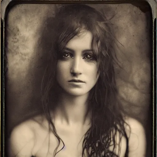 Prompt: old wetplate daguerreotype portrait of a beautiful woman, 3 0 years old, fractal, intricate, elegant, highly detailed, parallax, leica, subsurface scattering, by luis royo and greg rutkowski