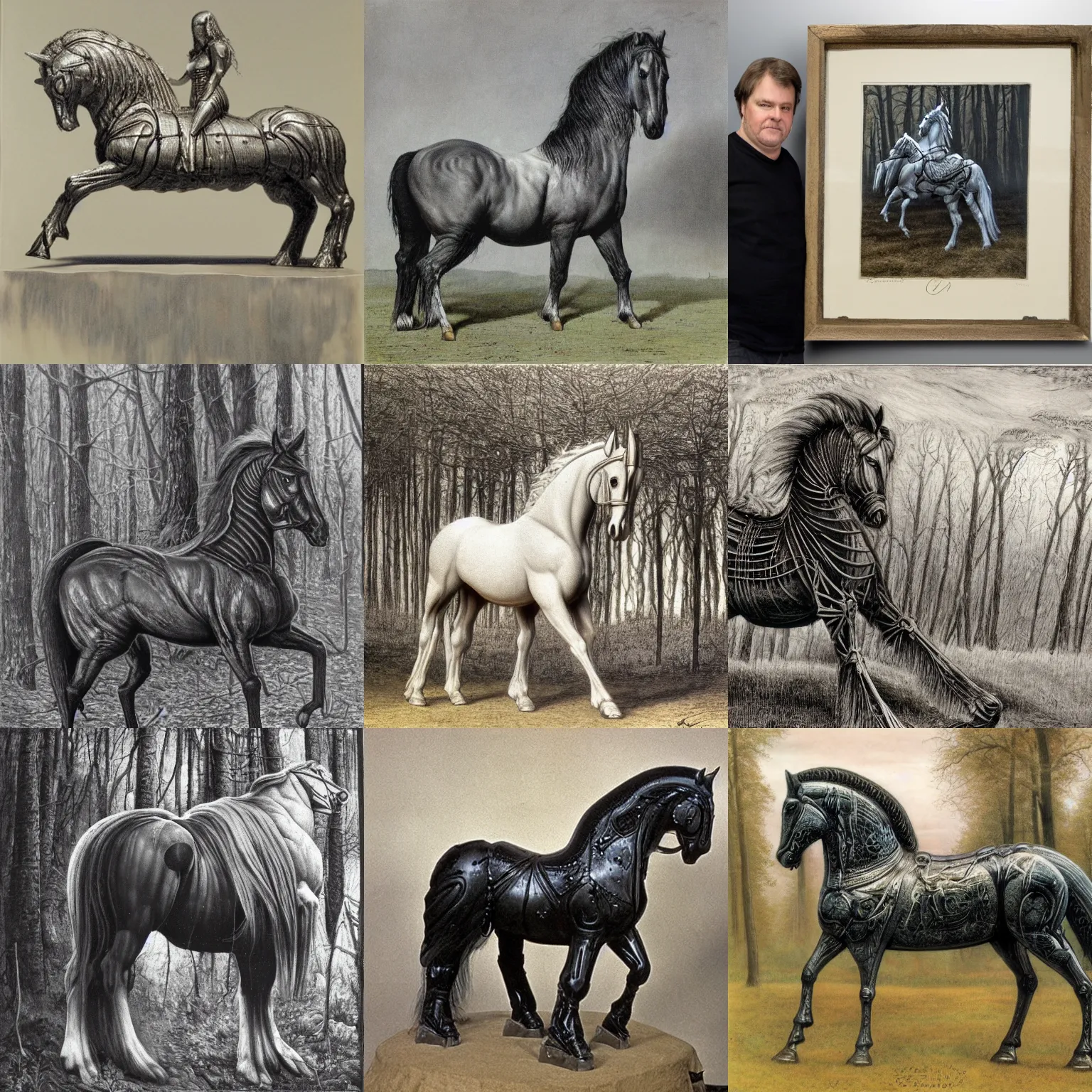 Prompt: giger, h. r. - magnificent forest clydesdale horse