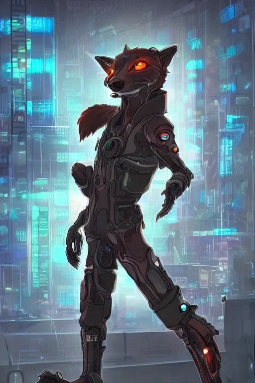Image similar to an anthropomorphic cyberpunk fox, backlighting, trending on artstation, digital art, furry art, trending on furaffinity, fantasy art