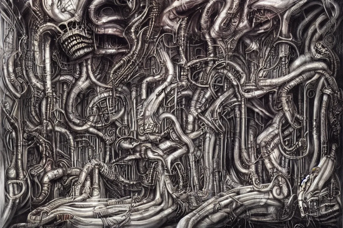 Image similar to A very detailed nightmarish penthouse, surrealism, airbrush painting, style of H. R. Giger