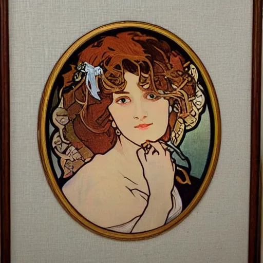 Prompt: a painting of a woman by alphonse mucha turned into a beautiful hand embroidery