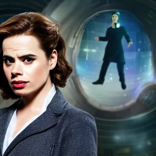 Image similar to a beautiful full body photograph of hayley atwell dressed as doctor who, time vortex in the background, detailed face, symmetrical face, extreme realism and detail, 8 k, completely framed, direct lighting, 3 5 mm photo, photorealistic, sharp focus