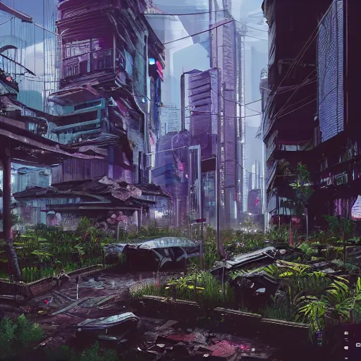 Image similar to cyberpunk city in ruin, overgrown, nature returning, lush vegetation and animals