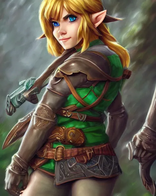 Image similar to female link, full body portrait, highly detailed, trending on artstation, intricate