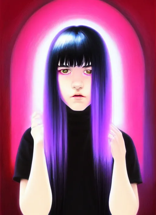 Image similar to portrait of teenage girl with white bangs, red irises, black hair, purple clothes, white bangs, bangs are different color from hair, intricate, front of hair is white rest is black, elegant, glowing lights, highly detailed, digital painting, artstation, concept art, smooth, sharp focus, illustration, art by wlop, mars ravelo and greg rutkowski