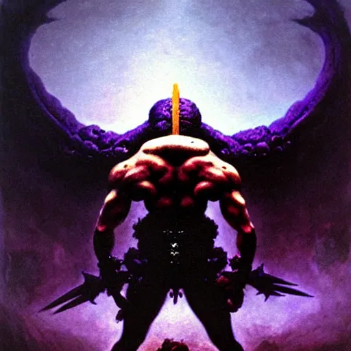 Image similar to demon with purple chestplate and black armor, muscles, balrog, beksinski