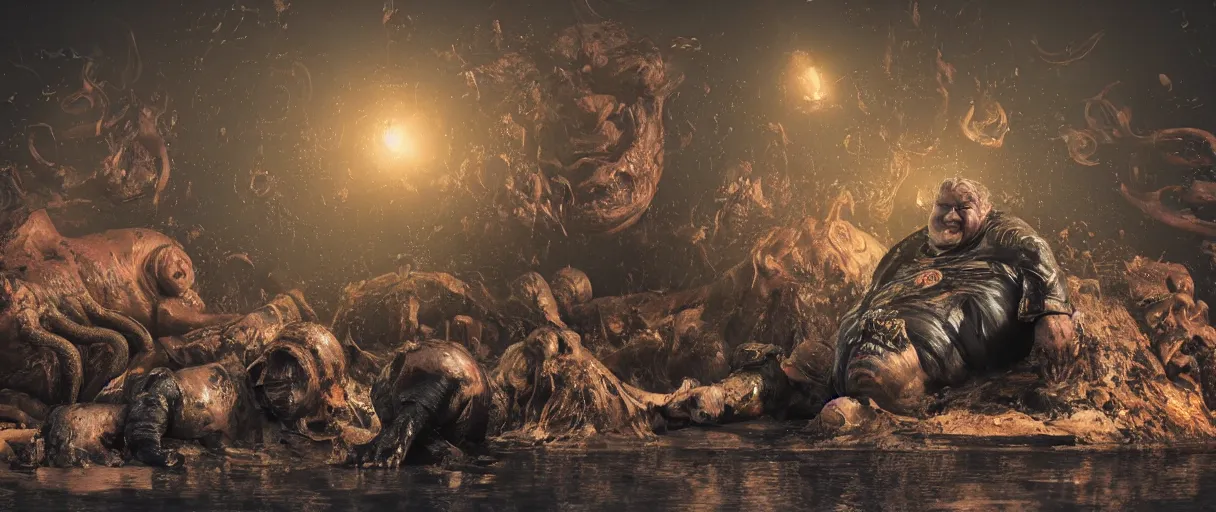 Image similar to baron harkonnen floats above a pool of the mods of stable diffusion immersed in black oil, screaming, as parts of the bodies melt into the oil like sludge, designed by moebius yasushi nirasawa, hdr, 8 k, bokeh, octane render, mist, sanitarium hrgiger background