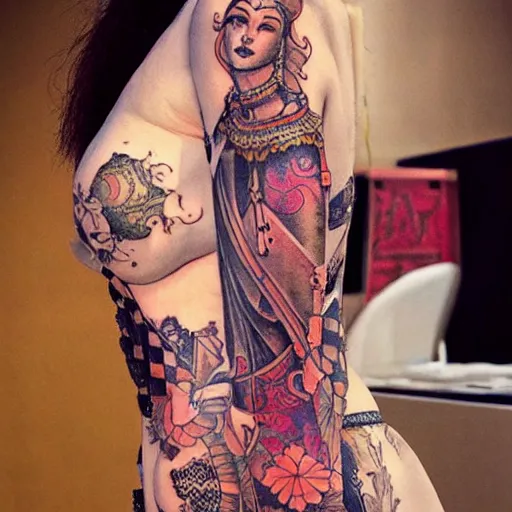 Prompt: ornate tattoo designs of the female figure, inspired by manuela soto and zhuo dan ting