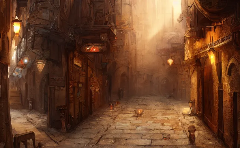 Prompt: cinematic medieval middle east alleyway, arabic, persian, dawn, market, little spice shops, bazaar, steam punk, unreal engine 5, trending on art station