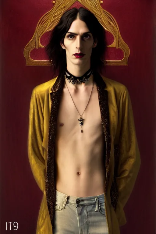 Image similar to a beautiful androgynous man, long hair, tall and thin, soft features, sly, dressed in velvet, rock star, wearing several pendants and a choker, illustration, dramatic lighting, soft details, painting oil on canvas, art nouveau, octane render, hdr, 4 k, 8 k, hd, by edmund blair leighton, brom, charlie bowater, faces by otto schmidt