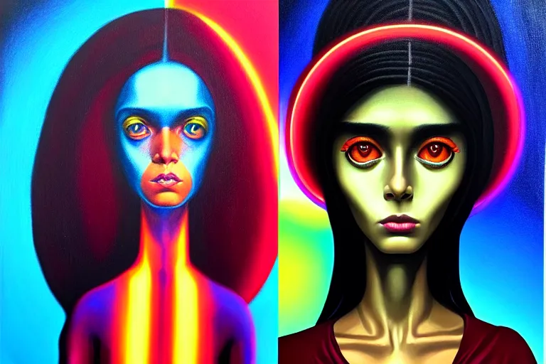 Image similar to patron saint of 🛸🌈👩🏾, futuristic clothing, neon god of city character portrait, in the style of margaret keane, moebius, tom bagshaw, and waterhouse, cinematic lighting, beautiful, elegant, oil painting,