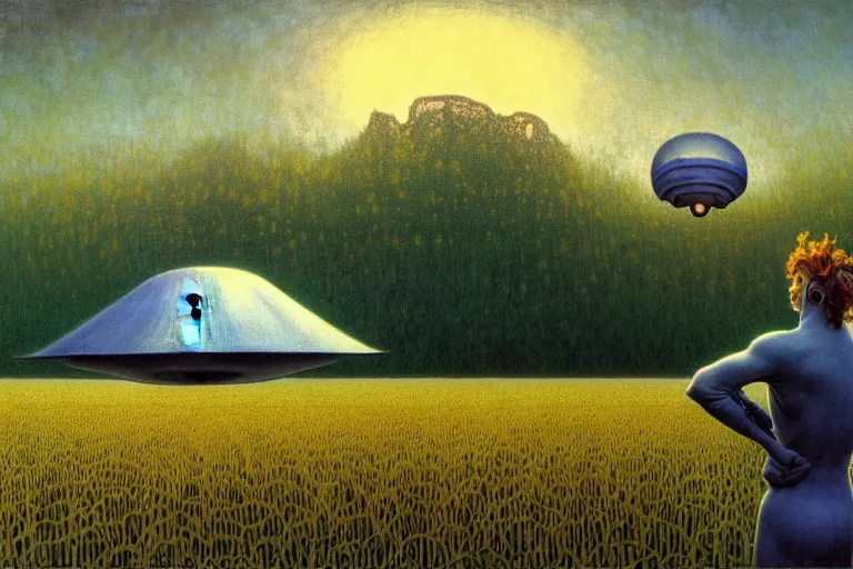 Image similar to realistic extremely detailed portrait painting of a ghost farmer, single house in a plain field and single ufo in the background, futuristic sci-fi forest by Jean Delville, Amano, Yves Tanguy, Alphonse Mucha, Ernst Haeckel, Edward Robert Hughes, Roger Dean, rich moody colours, 4k octane render, blue eyes