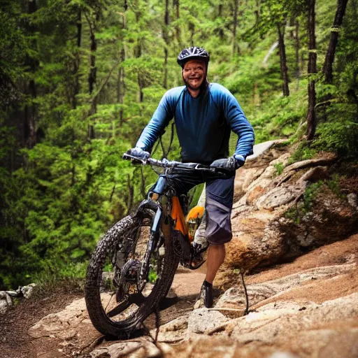 Image similar to 38 year old male on a full suspension mountain bike riding down a steep and rocky trail with a big smile on his face, ultrarealistic, 4K