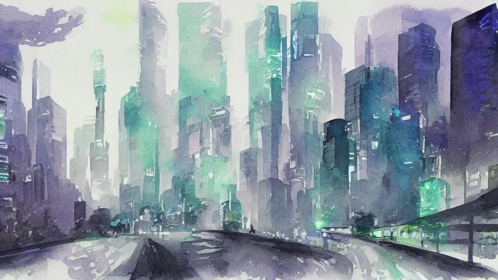 Image similar to watercolor mockup of modern future city, quick aquarelle painting