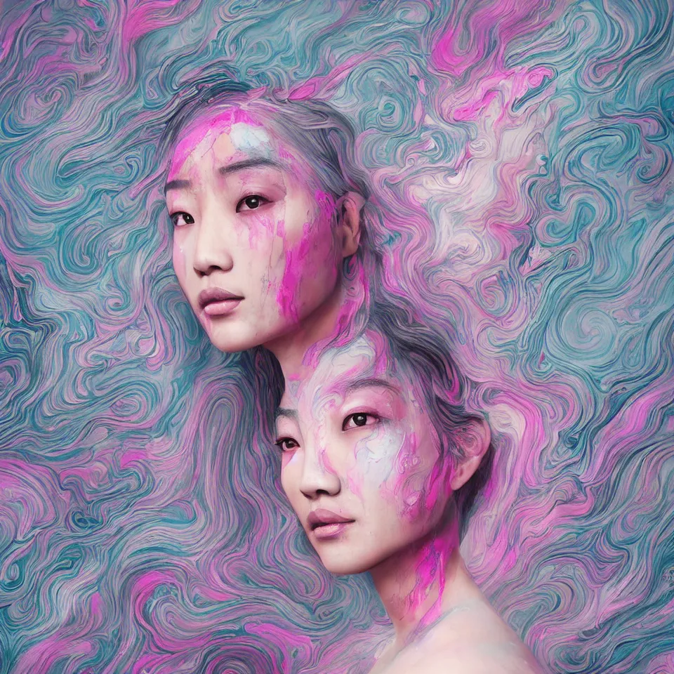 Image similar to a portrait of a very beautiful young asian goddess with pink and grey hair radiating an artwork made of swirling paint and impasto by james jean and wlop, background is multicoloured volumetric displacement, hyperrealism, subsurface scattering, arnold render, noise to volume, 8 k, houdini, xparticles