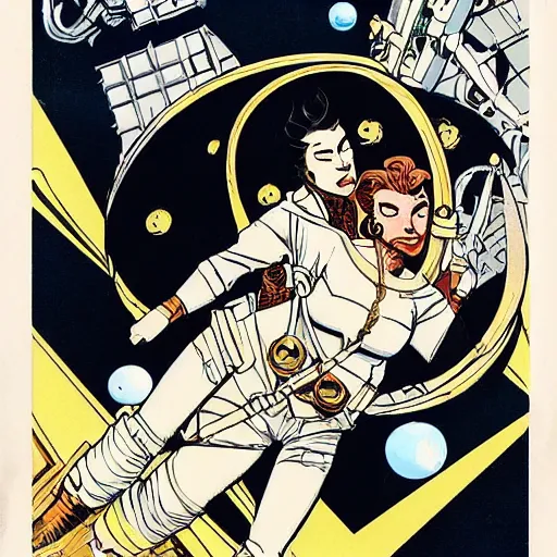 Image similar to stoic heroic square-jawed butch woman engineer in white and gold formal atompunk flight suit, making out with dark angel evil Disney villain queen, on space station, by Mike mignola, comic book cover, illustration, highly detailed