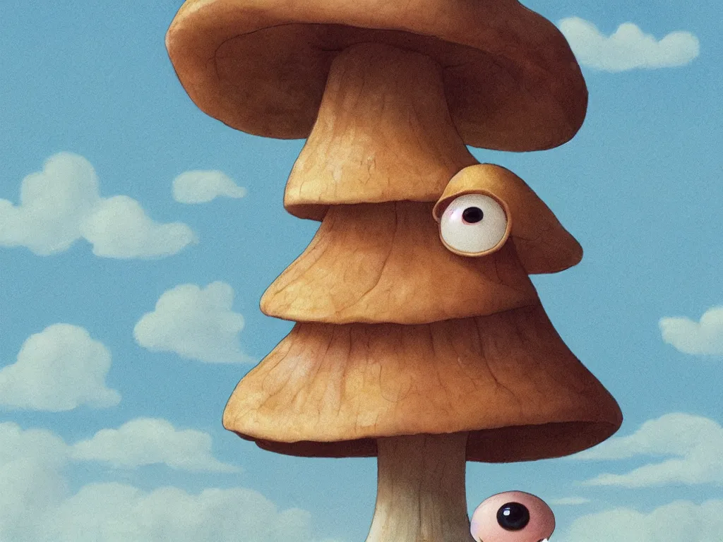 Image similar to award winning hyper-realistic portrait of a mushroom with large round eyeballs, film still in the style of Studio Ghibli, by Hayao Miyazaki, high quality, detailed, 8k, amazing