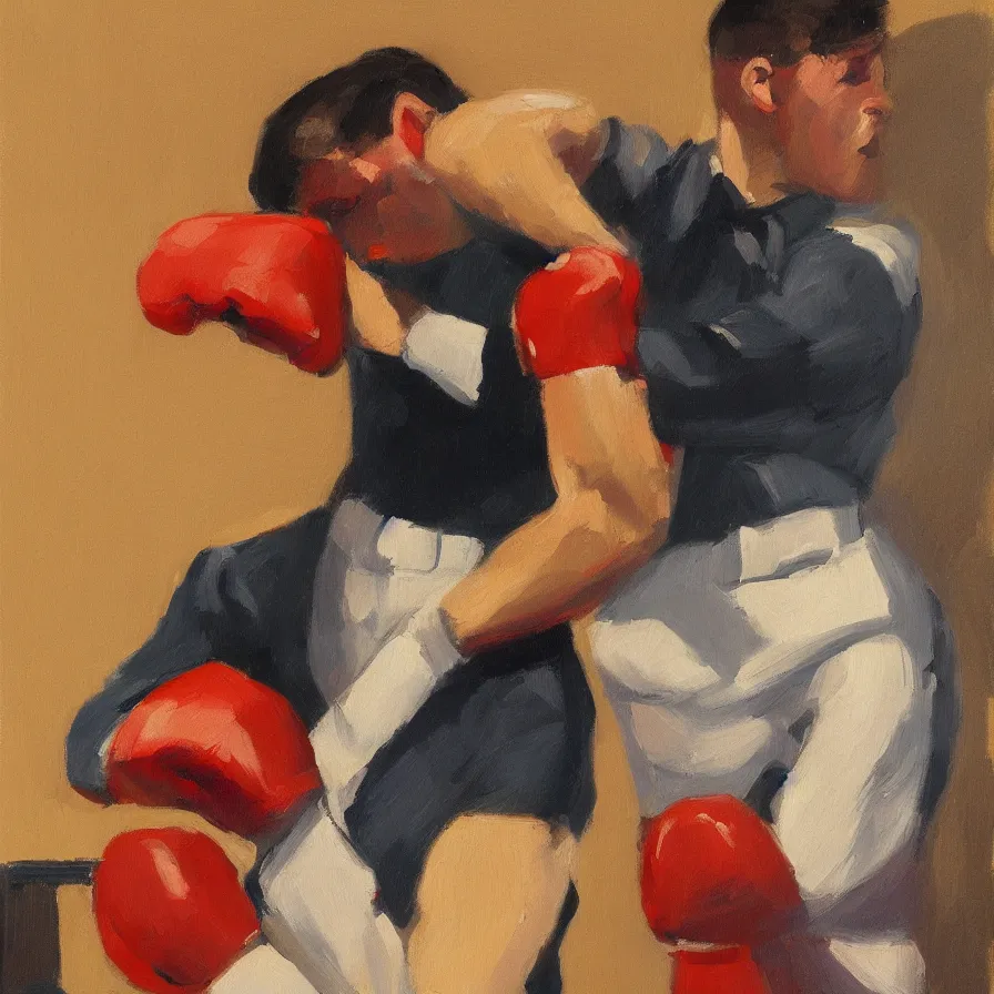 Image similar to a portrait of of boxing man, in the style of edward hopper, in the style of max ginsburg, realism, very small brushstrokes, 4 k,