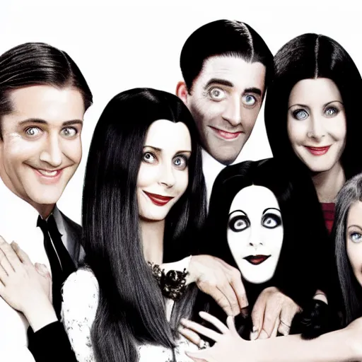 Image similar to the adams family, with the cast of friends, black and white