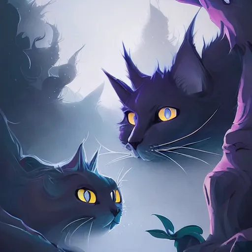 Prompt: a big and dark gray maine coon cat next to a small black cat, fanart ornate fantasy ori and the blind forest cover style official behance hd artstation by Jesper Ejsing, by RHADS, Makoto Shinkai and Lois van baarle, ilya kuvshinov, rossdraws pastel vibrant