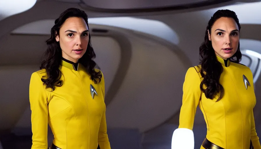 Image similar to Gal Gadot, wearing a yellow uniform, is the captain of the starship Enterprise in the new Star Trek movie