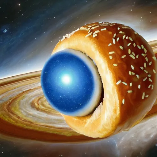 Image similar to all of the planets revolving around a giant Bagel, beautiful, oil on canvas, intricate, 8k highly professionally detailed, HDR, CGsociety