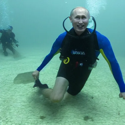 Image similar to putin below water scubadiving while smiling