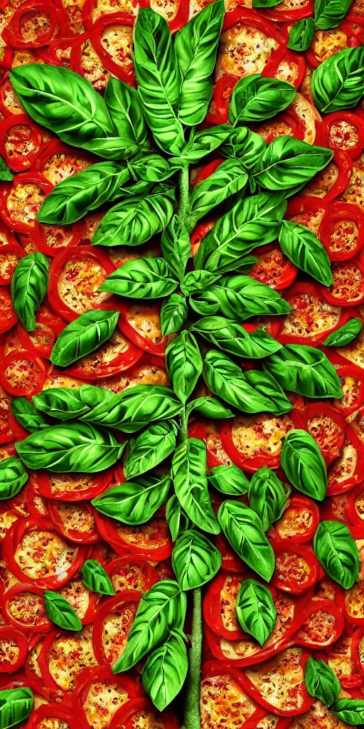 Image similar to highly detailed 3 d render of a tall slender intricate tree with leaves that look like pizza toppings, tomato, mozzarella, basil, hyper realistic octane render, cinematic lighting, deviantart, lowbrow, surrealism, pixar still