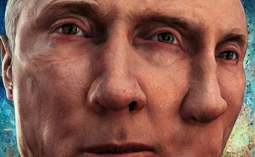 Image similar to hyperrealistic mixed media portrait of a Vladimir Putin forward angle, stunning 3d render inspired art by P. Craig Russell and Barry Windsor-Smith + perfect facial symmetry + dim volumetric lighting, 8k octane beautifully detailed render, post-processing, extremely hyperdetailed, intricate complexity, epic composition, grim yet sparkling atmosphere, cinematic lighting + masterpiece, trending on artstation