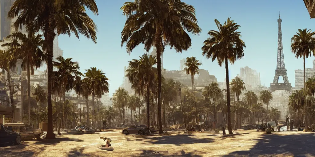 Prompt: landscape of the beautiful city of paris rebuilt near the pacific ocean in sunny california, amazing weather, sandy beach, palm trees, splendid haussmann architecture, digital painting, highly detailed, intricate, without duplication, art by craig mullins, greg rutkwowski, concept art, matte painting, trending on artstation, octane render, 8 k, unreal engine