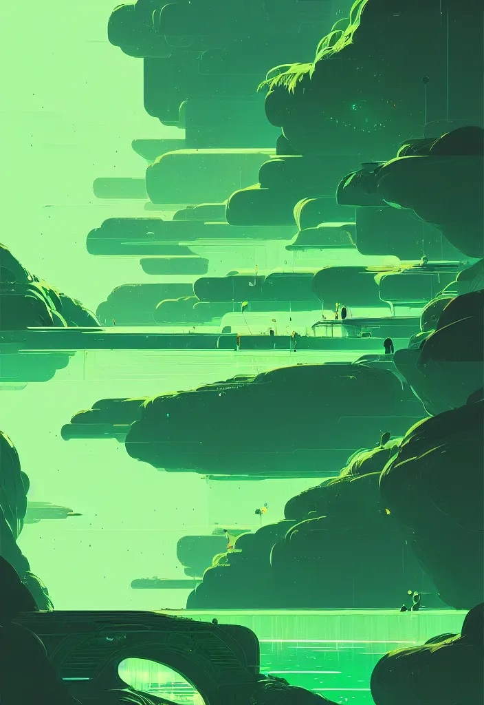 Image similar to by moebius and atey ghailan | a bright green river with clear crystal boats moving up and down it |