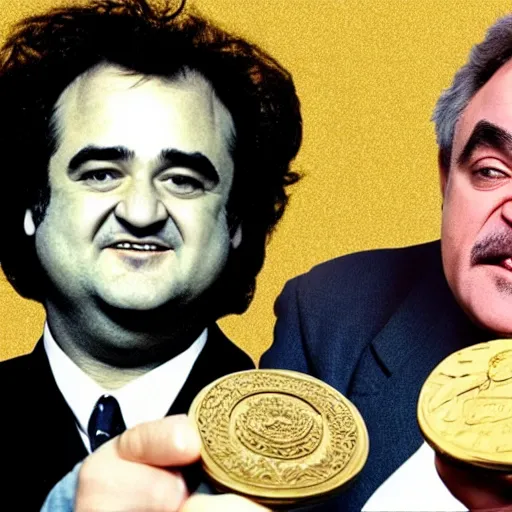 Image similar to john belushi with the face of prime minister gordon brown, wearing a tracksuit and huge gold medallions