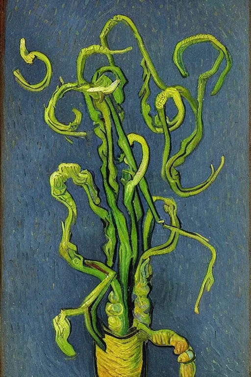 Image similar to Fiddleheads, painted by Vincent Van Gogh (1890), oil on canvas, detailed brushstrokes