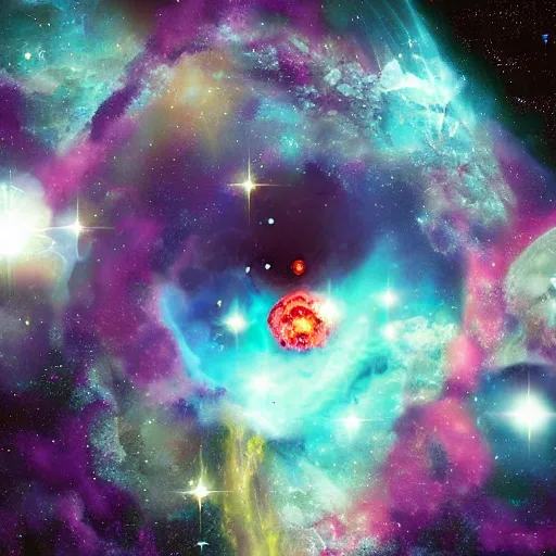 Image similar to A gorgeous, busy, crowded, deep space laboratory with an exploding nebula in the background, vintage digital art