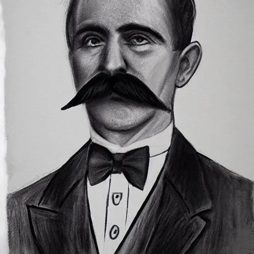 Prompt: charcoal portrait of an early 20th century occult detective mustache, bow tie