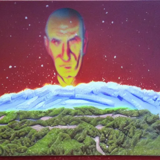 Image similar to oil on styrofoam crust - painting landscape with melt of the captain picard raining wine down on the infidels of the vulcan kingdom