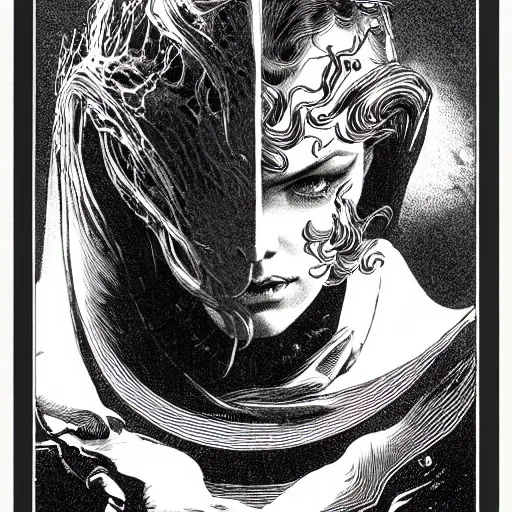 Image similar to portrait soft light, by bernie wrightson and joe fenton and simon bisley, inspired victorian sci - fi, etching, fine, sharp high detail, red and grey, screen print,